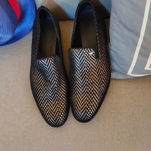 Emporio Armani gold and black slip on loafer.